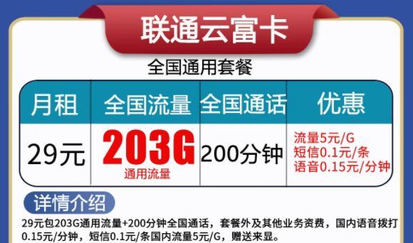 聯通云富卡29元203G流量+200分語音、天啟卡9元100G流量|純通用流量卡|無合約不虛量